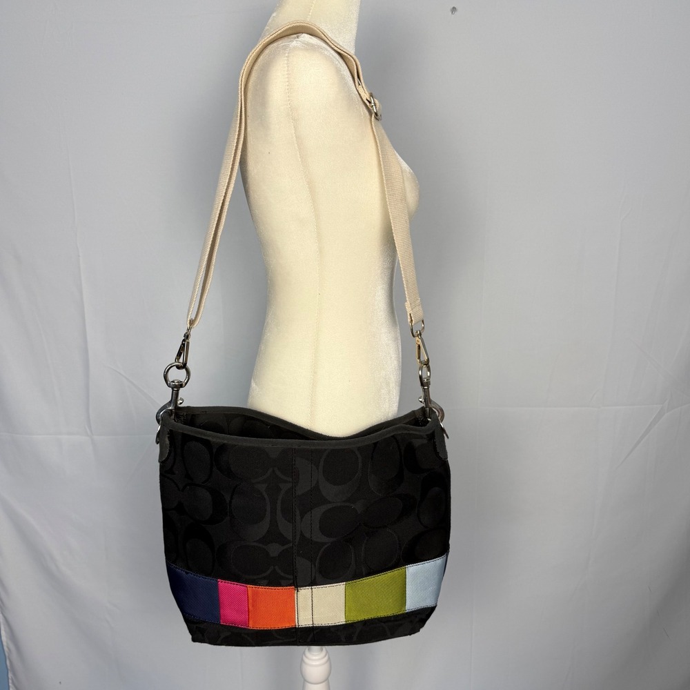 Vintage Coach Signature C Monogram Bag Purse Black Multi Color Stripe RARE